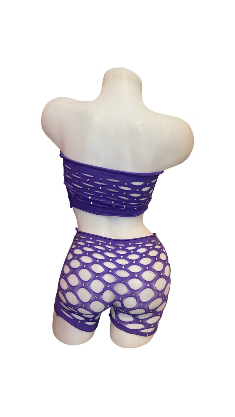 Rhinestone Pot Hole Bandeau and Short Set Purple