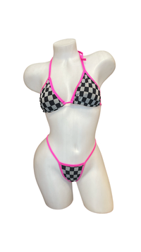 Pink Checkered Mesh Bikini with Thong Bottoms