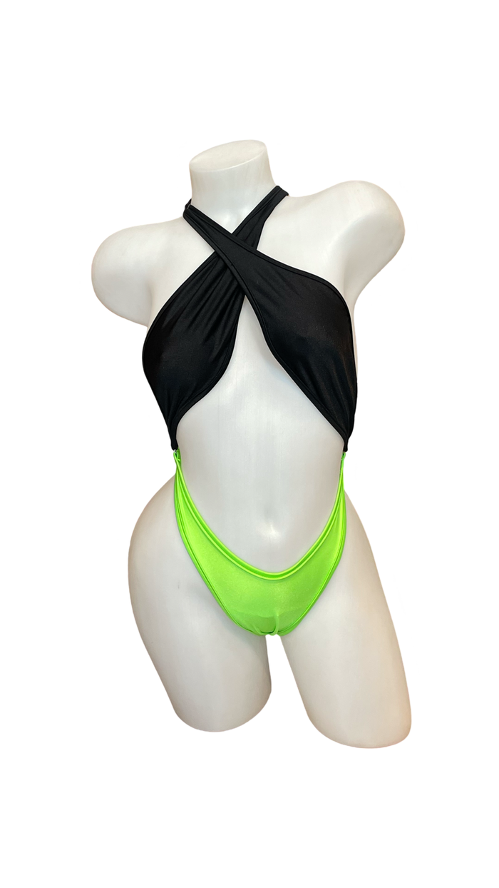 Cross Shoulder Bodysuit Black/Green