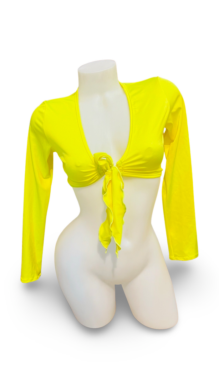Sleeved Front Tie Crop Top Solid Neon Yellow