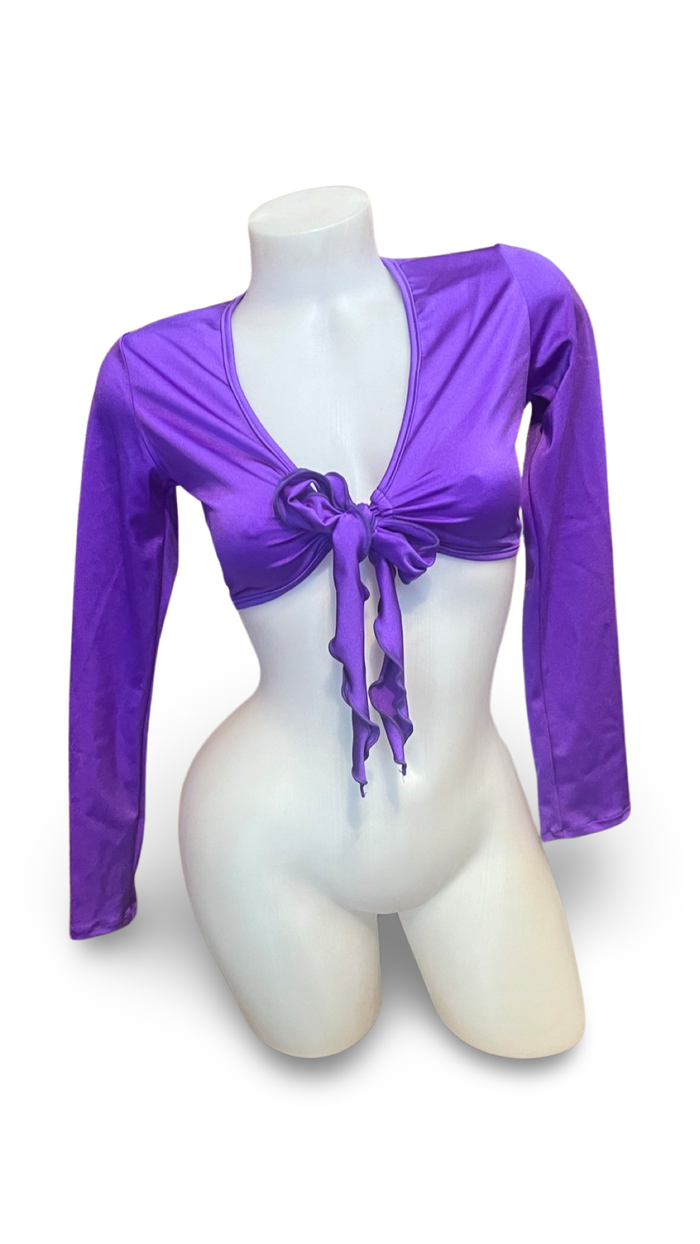 Sleeved Front Tie Crop Top Solid Purple