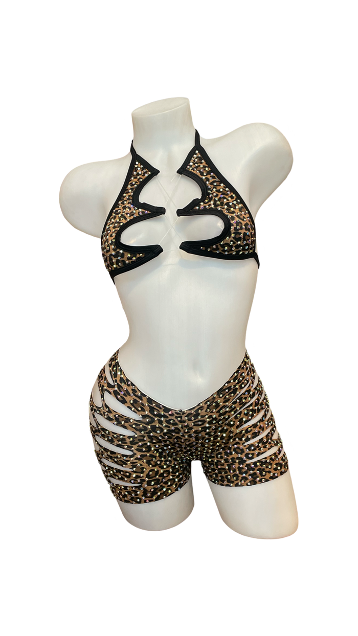 Rhinestone Halter Top and Cut Out Short Set Cheetah