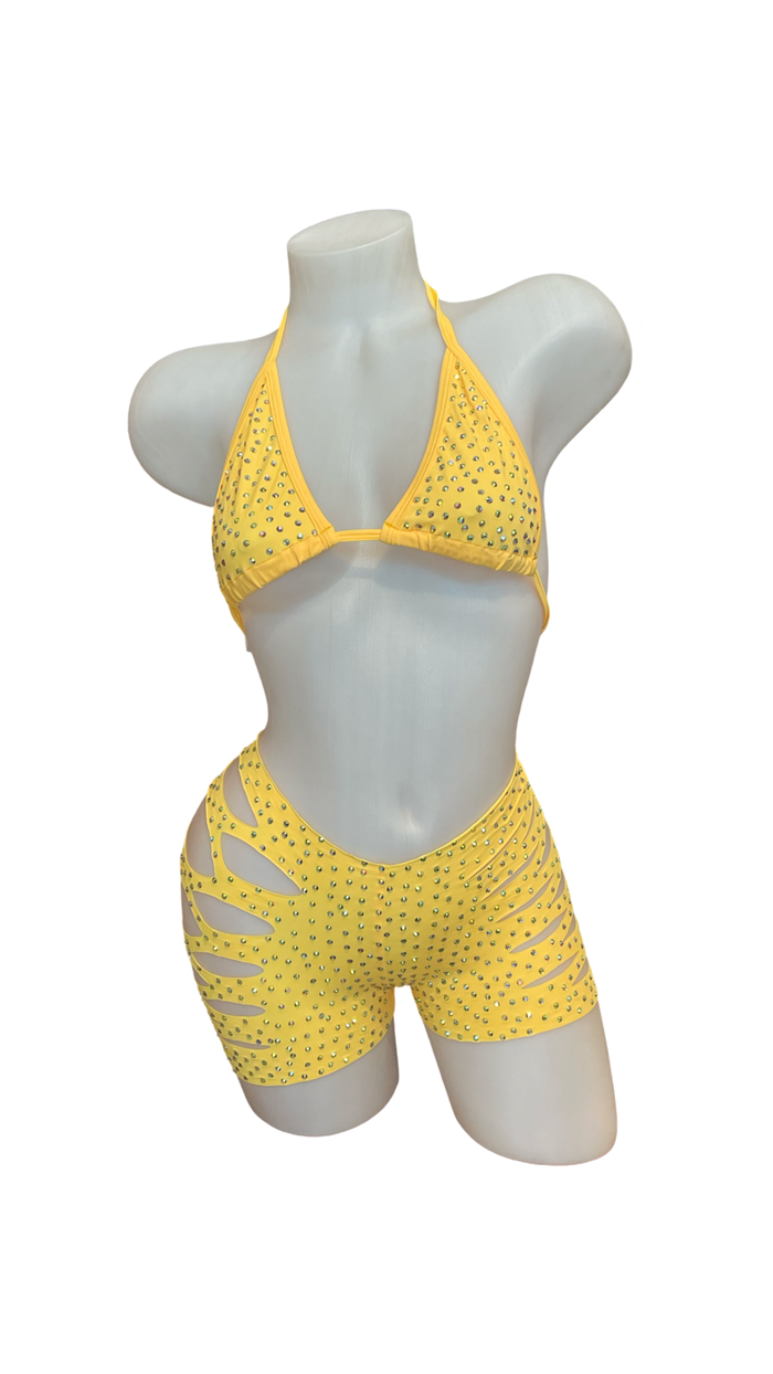 Rhinestone Triangle Top and Cut Out Short Set Yellow