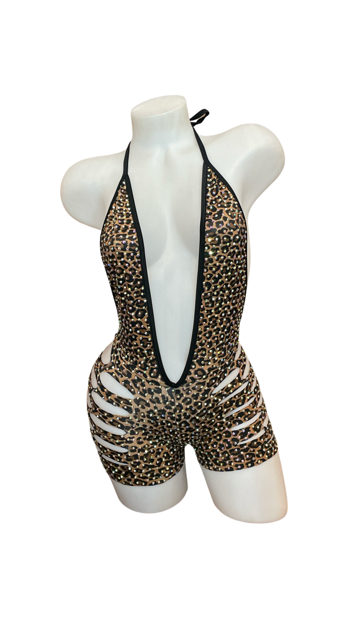 Rhinestone One Piece Short Set Cheetah