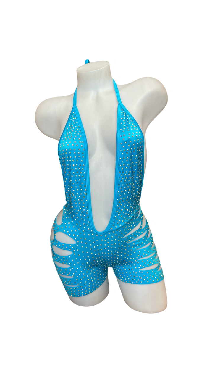 Rhinestone One Piece Short Set Turquoise