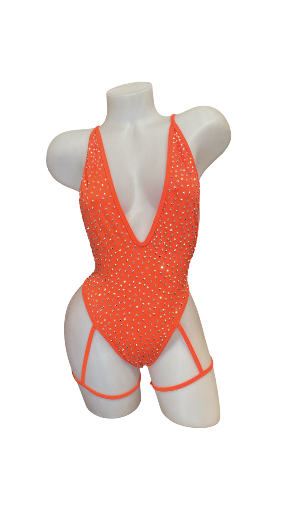 Rhinestone Bodysuit with Garter Orange