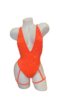 Rhinestone Bodysuit with Garter Orange