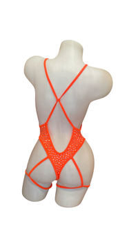 Rhinestone Bodysuit with Garter Orange