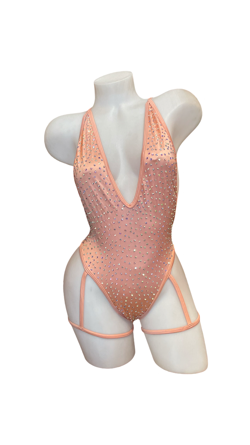 Rhinestone Bodysuit with Garter Rose Pink