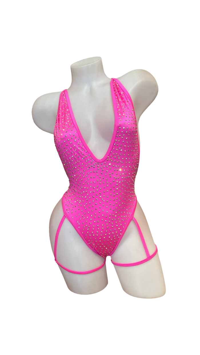 Rhinestone Bodysuit with Garter Hot Pink