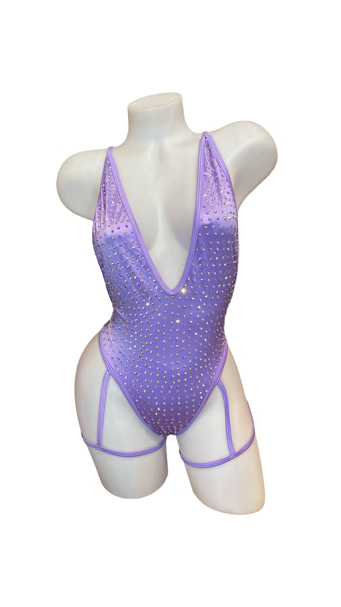 Rhinestone Bodysuit with Garter Lavender