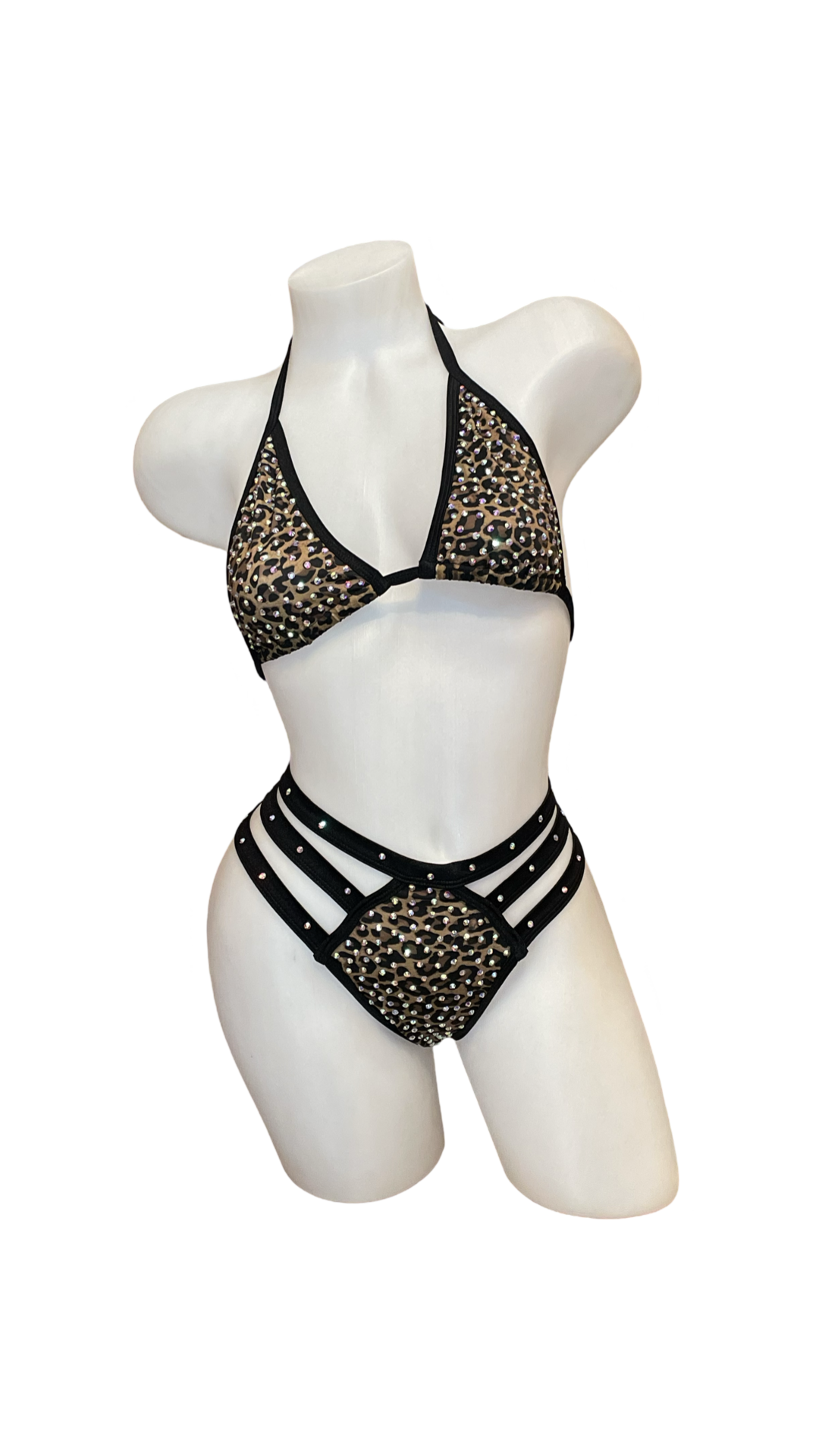 Rhinestone Triple Strap Bikini Set Cheetah