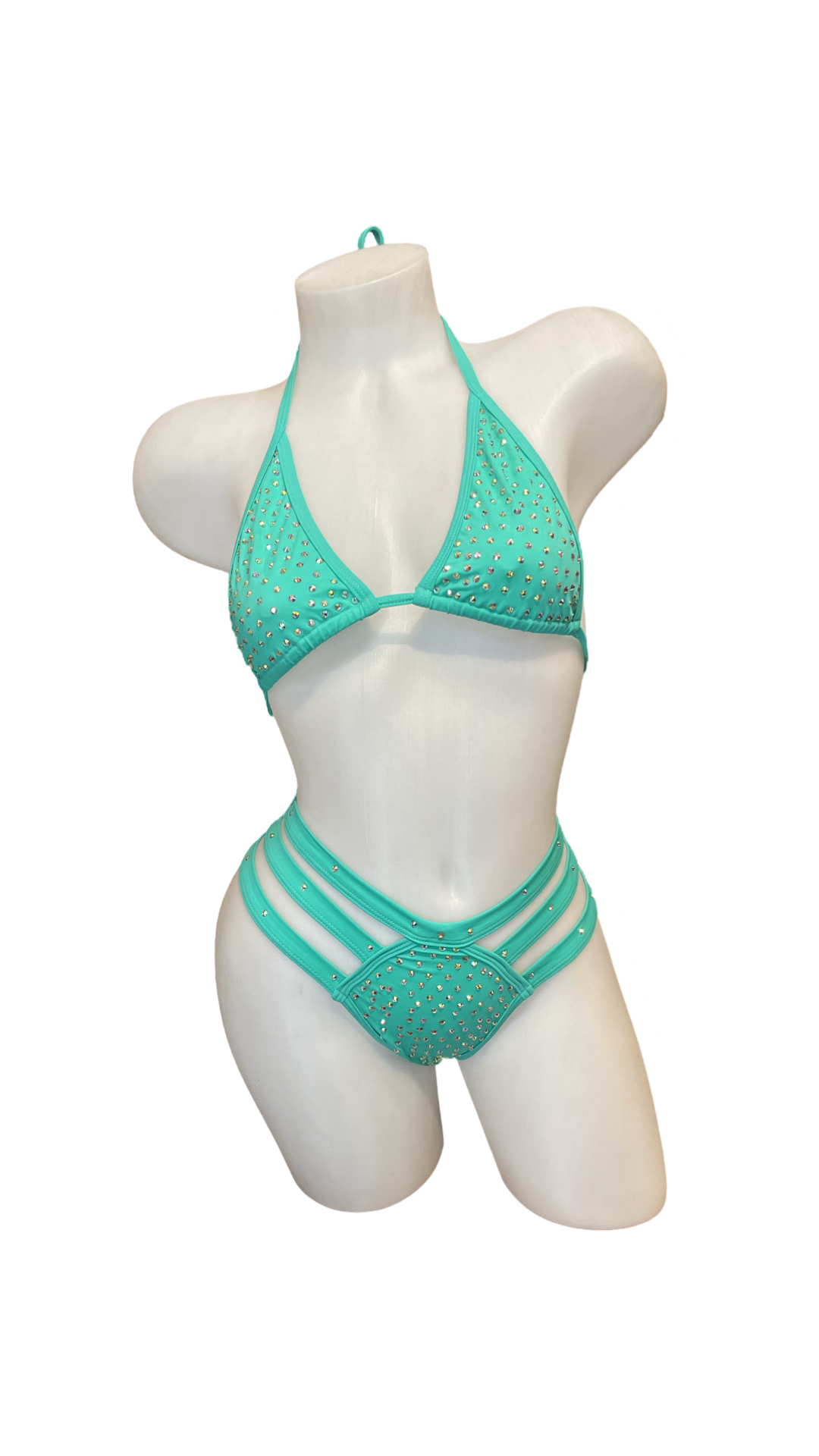 Rhinestone Triple Strap Bikini Set Jade