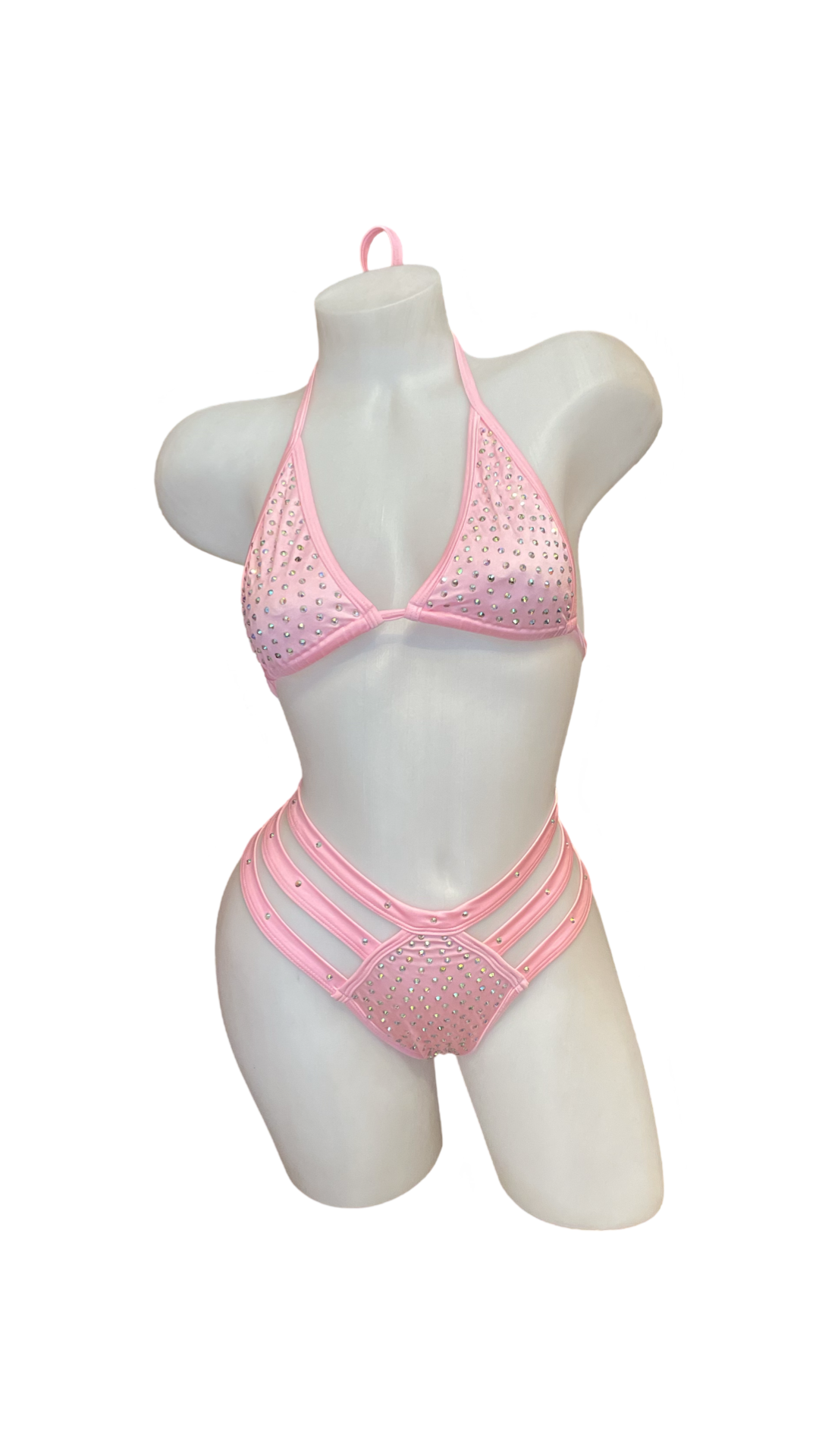 Rhinestone Triple Strap Bikini Set Baby Pink