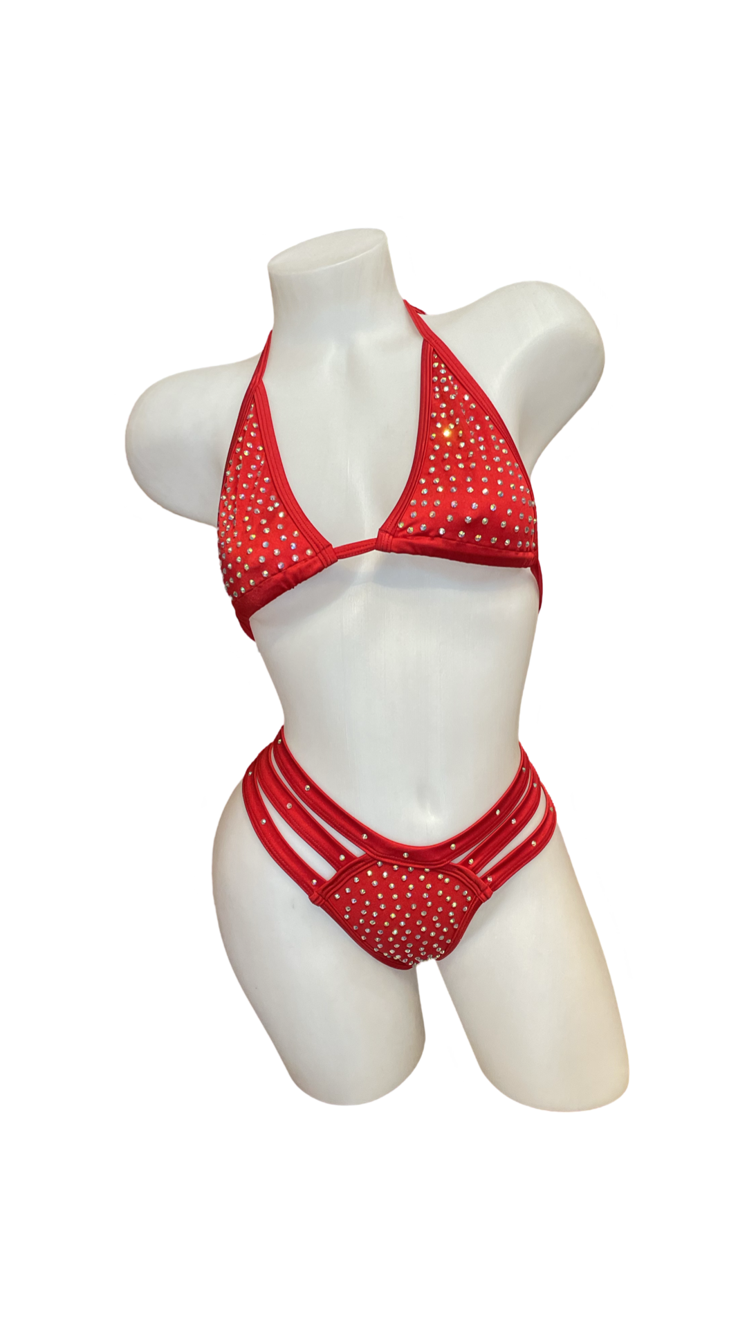 Rhinestone Triple Strap Bikini Set Red