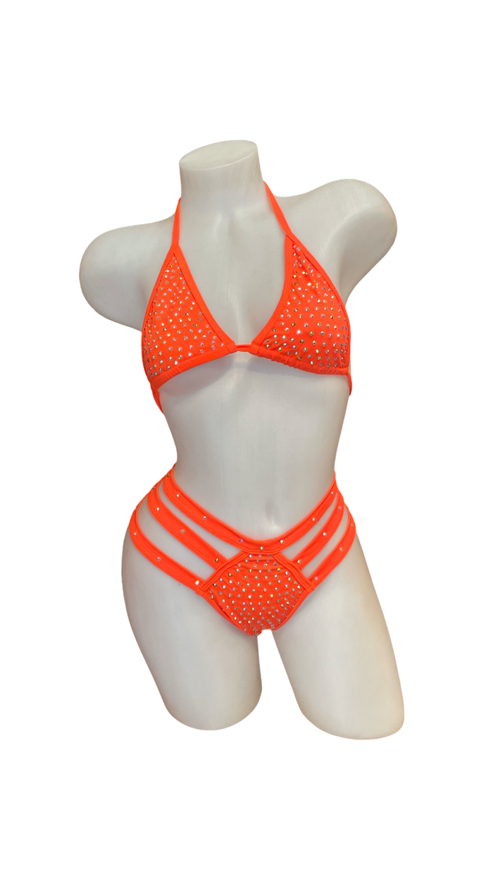 Rhinestone Triple Strap Bikini Set Orange