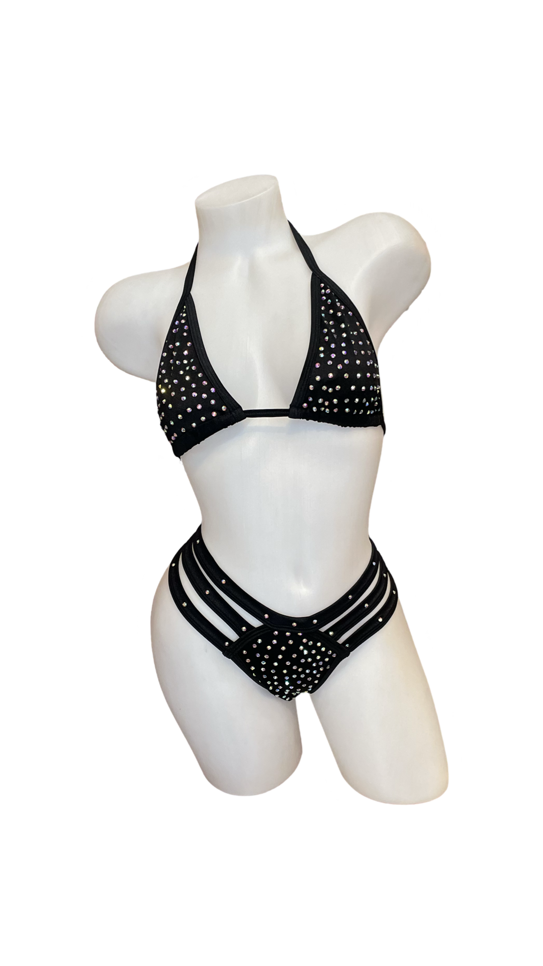 Rhinestone Triple Strap Bikini Set Black