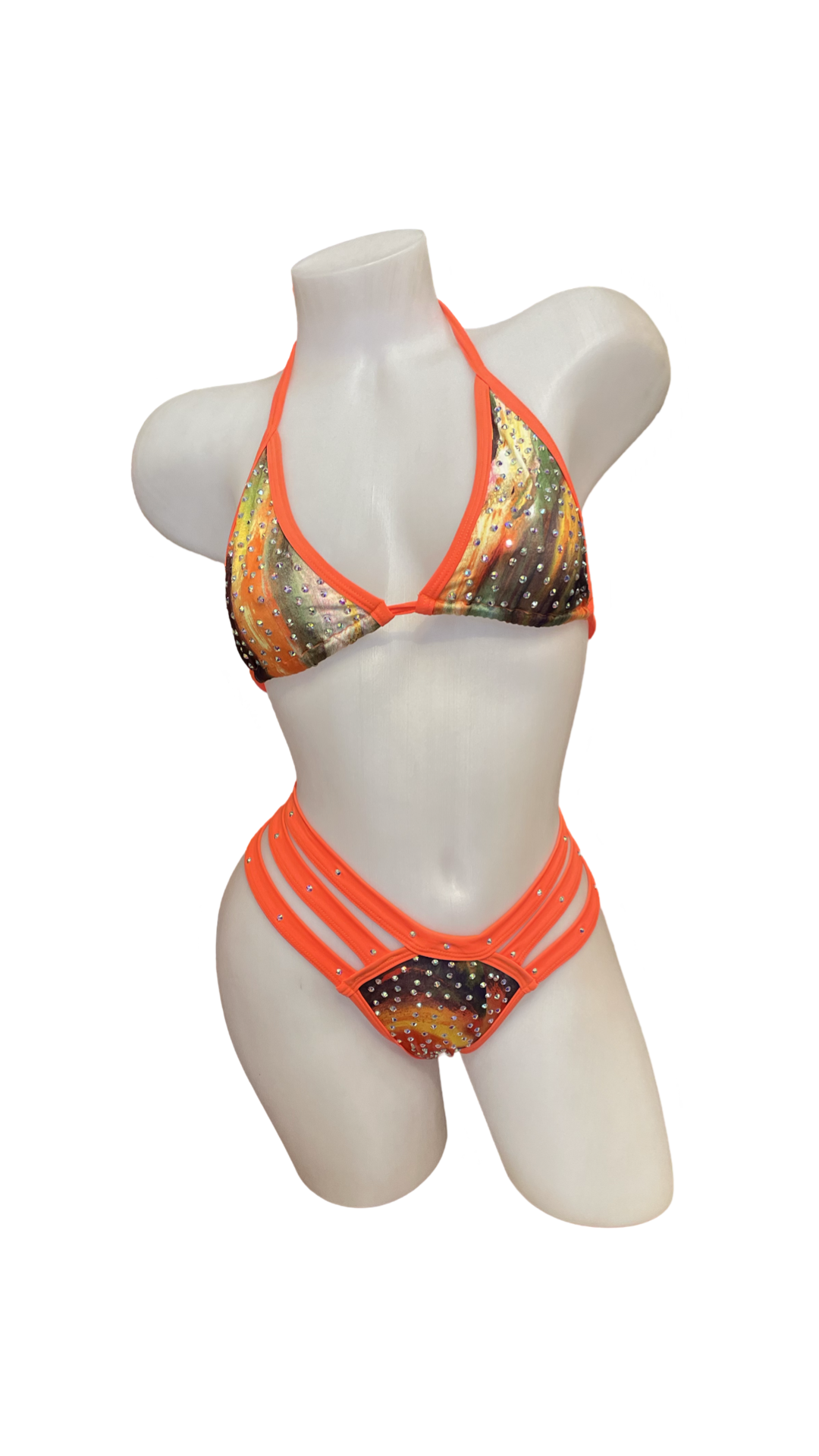 Rhinestone Triple Strap Bikini Set Orange Peacock