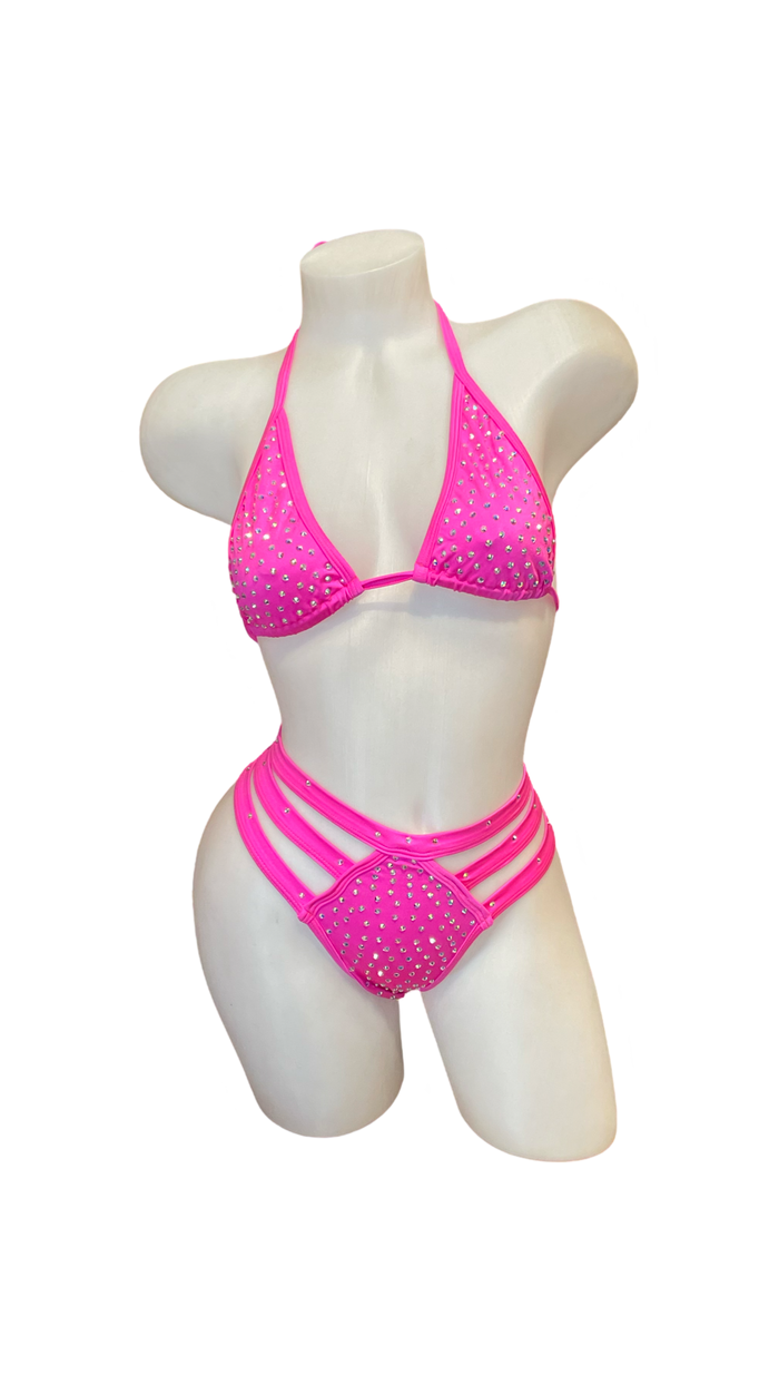 Rhinestone Triple Strap Bikini Set Hot Pink