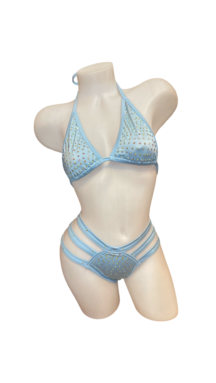 Rhinestone Triple Strap Bikini Set Baby Blue