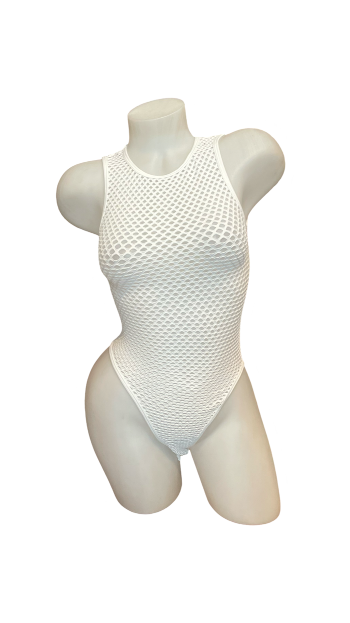 Fishnet Bodysuit with Snap Crotch White