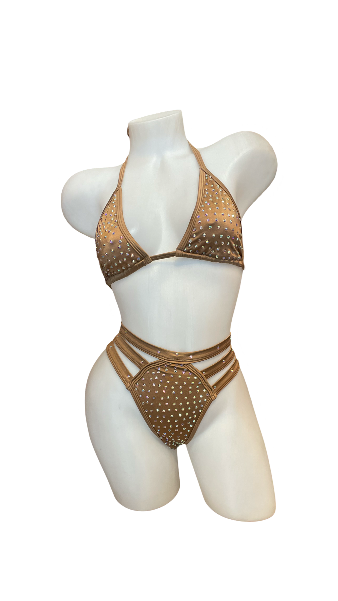 Rhinestone Triple Strap Bikini Set Camel