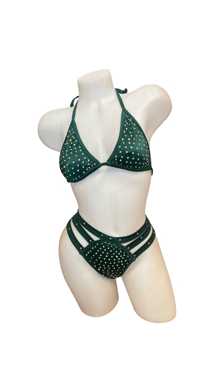 Rhinestone Triple Strap Bikini Set Forrest Green