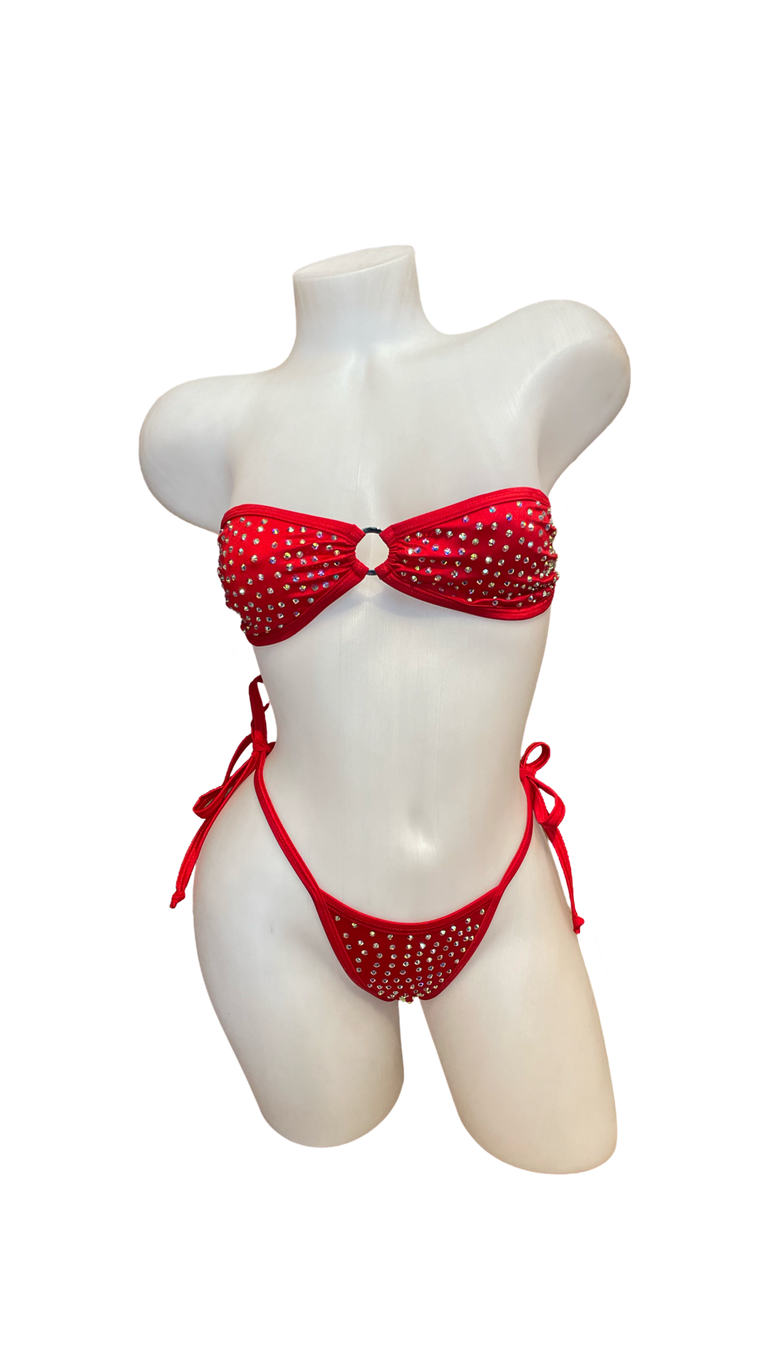 Rhinestone Tie Bandeau Bikini Red