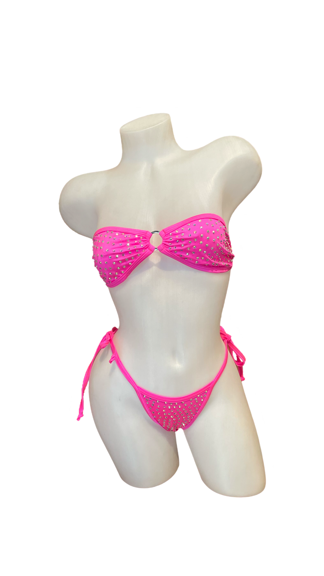 Rhinestone Tie Bandeau Bikini Hot Pink