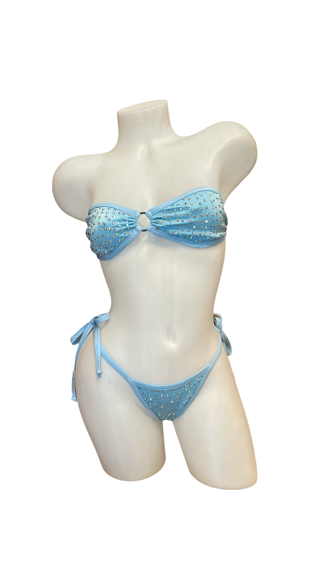 Rhinestone Tie Bandeau Bikini Baby Blue