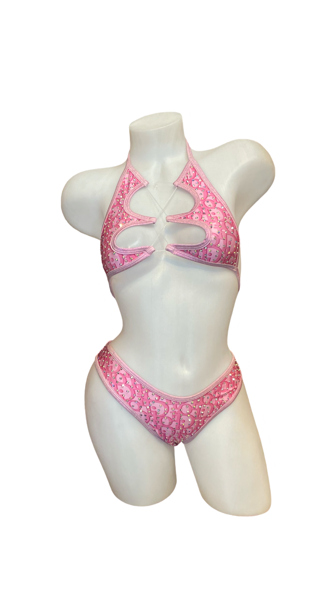 Rhinestone Halter Top and Thong Set Designer Pink