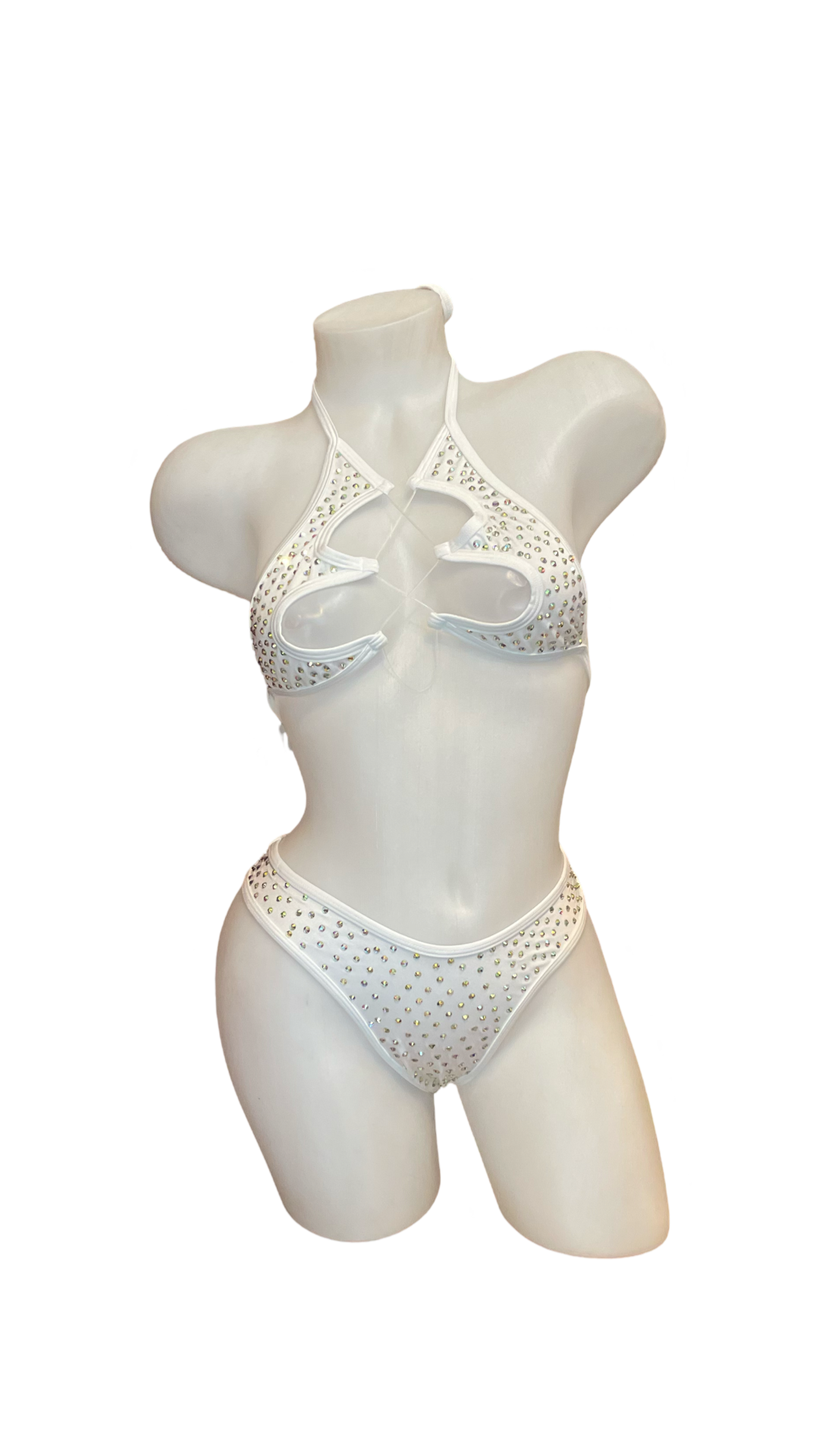 Rhinestone Halter Top and Thong Set White