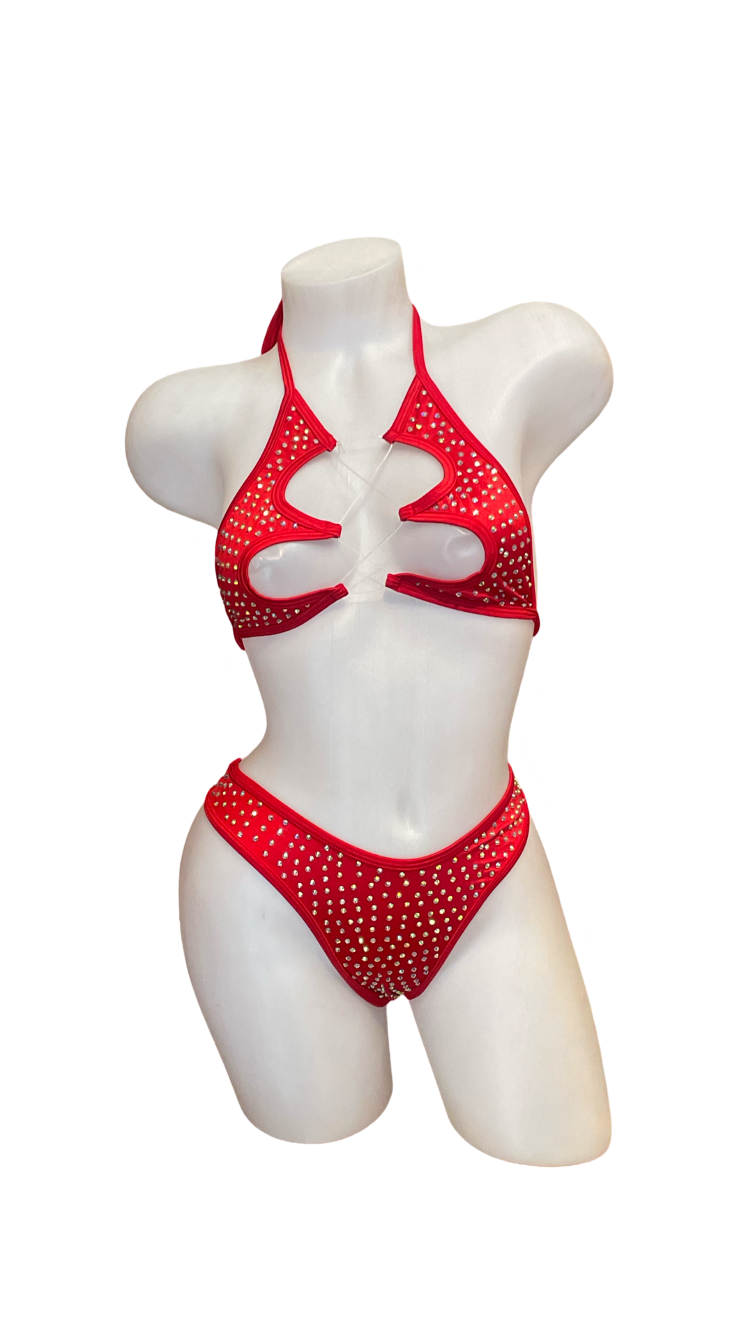 Rhinestone Halter Top and Thong Set - Red