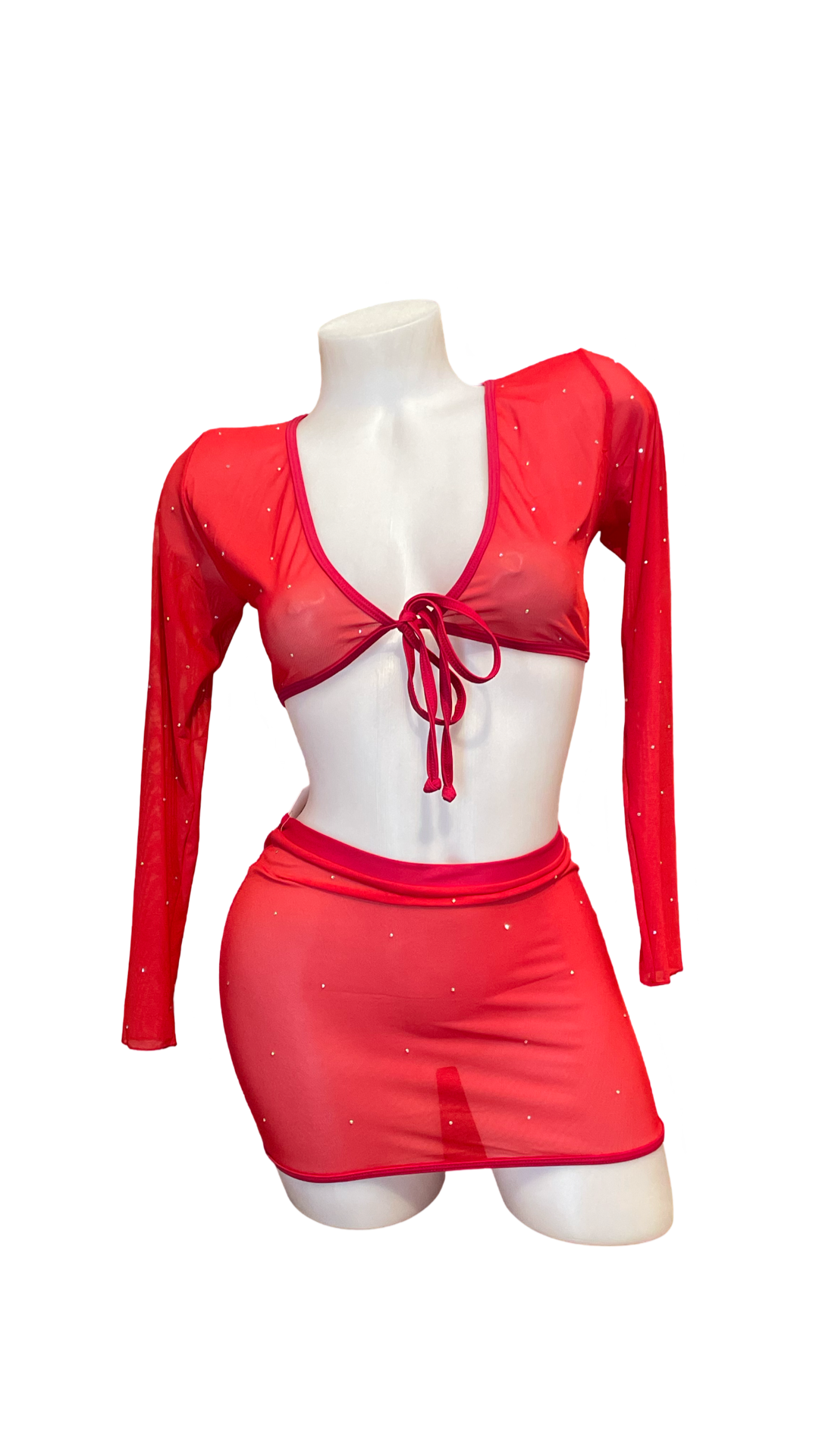 Crystal Mesh Wrap Top and Skirt Set Red