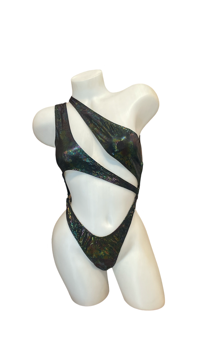 Asymmetrical Bodysuit - Holographic Black