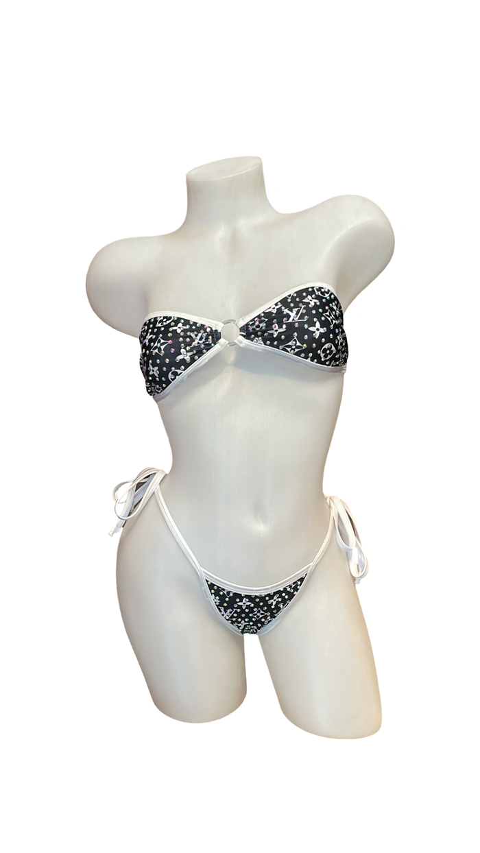 Rhinestone Tie Bandeau Bikini Black/White Design