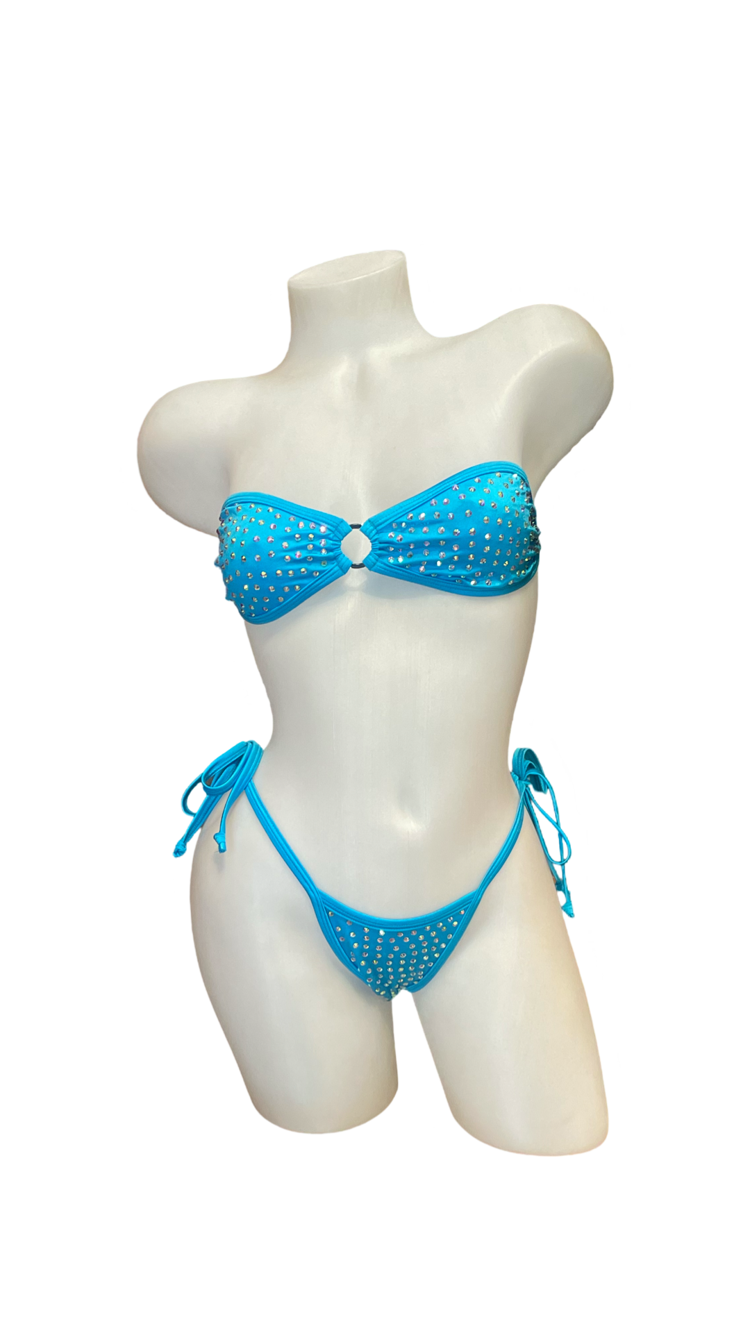 Rhinestone Tie Bandeau Bikini Aqua