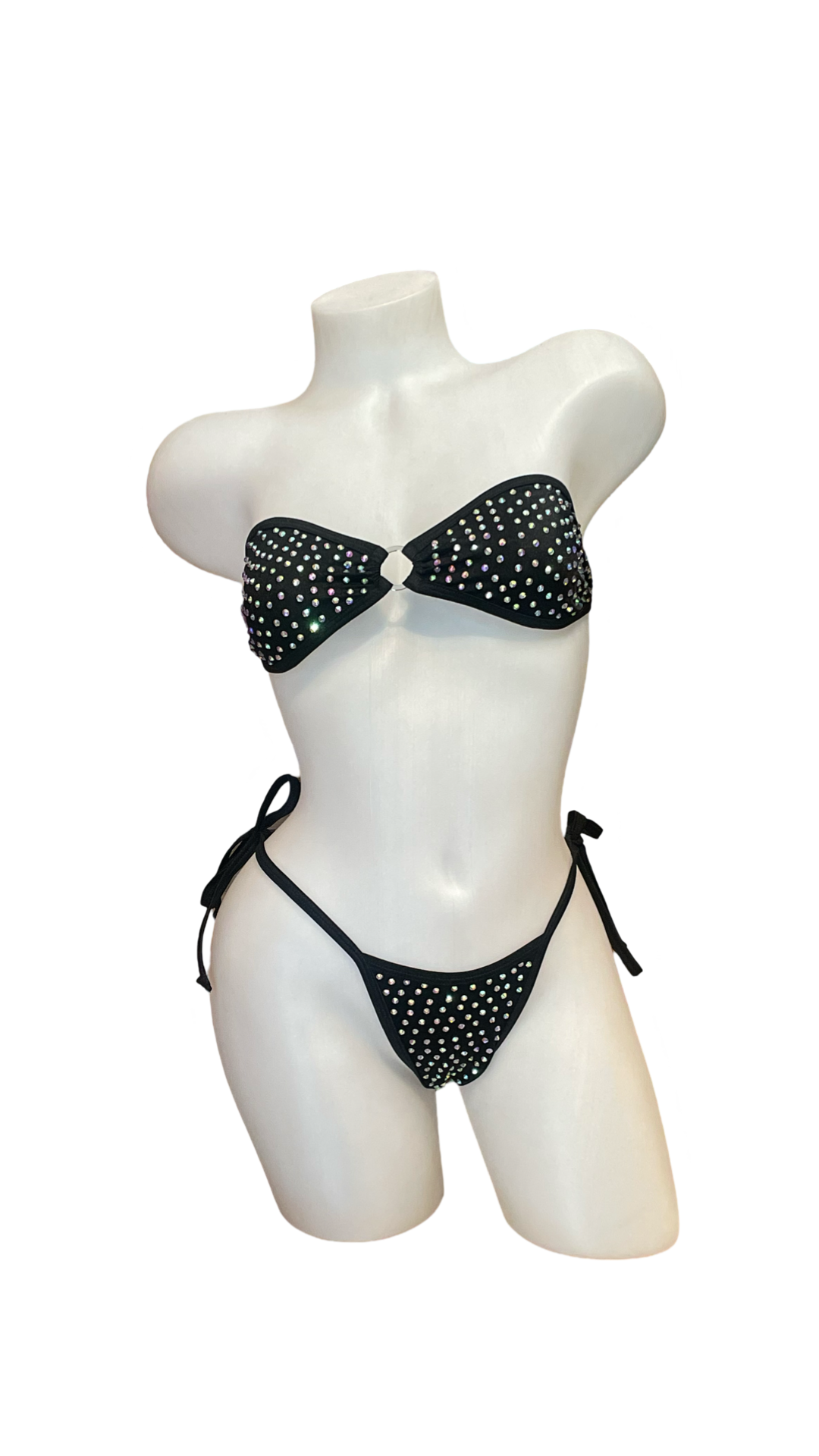 Rhinestone Tie Bandeau Bikini Black