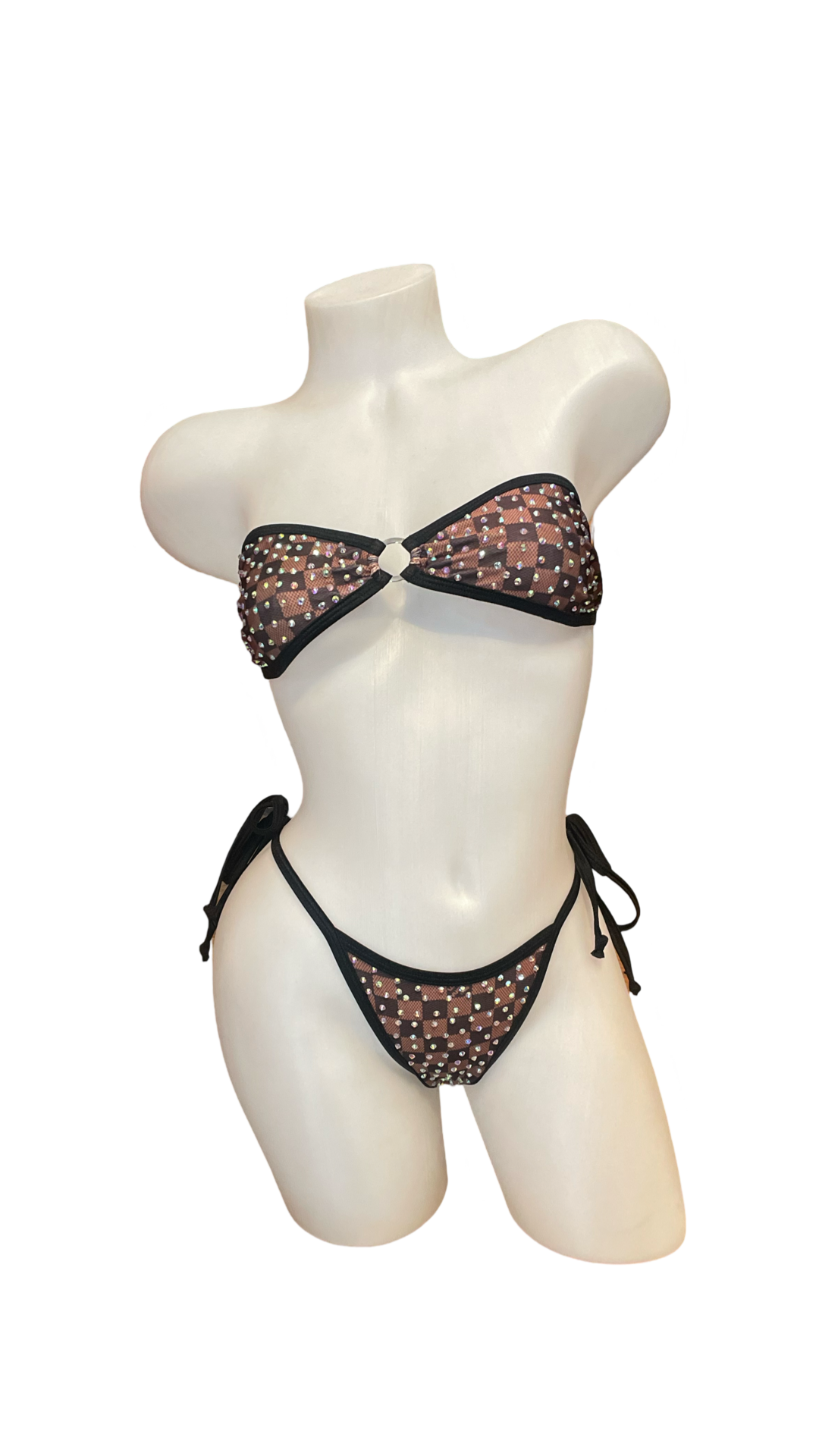 Rhinestone Tie Bandeau Bikini Brown Design