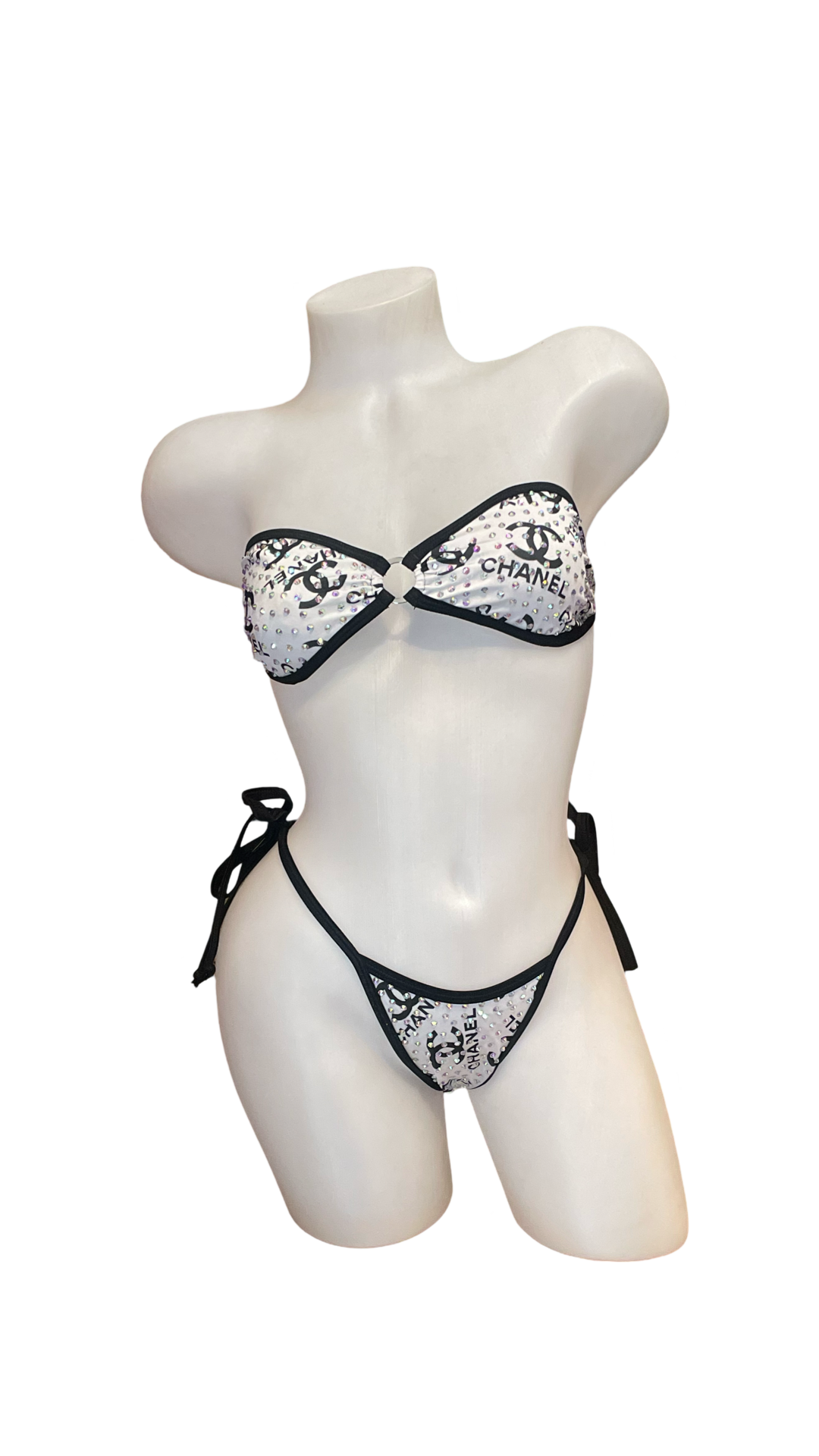 Rhinestone Tie Bandeau Bikini White Design