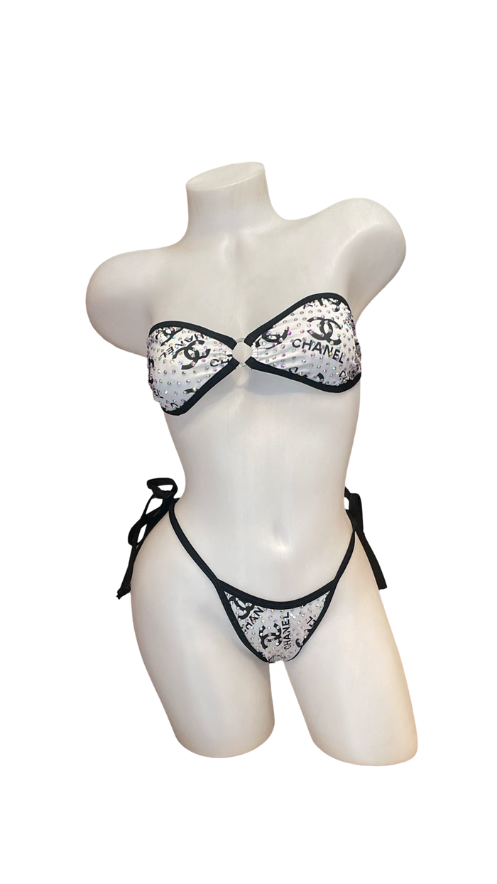 Rhinestone Tie Bandeau Bikini White Design