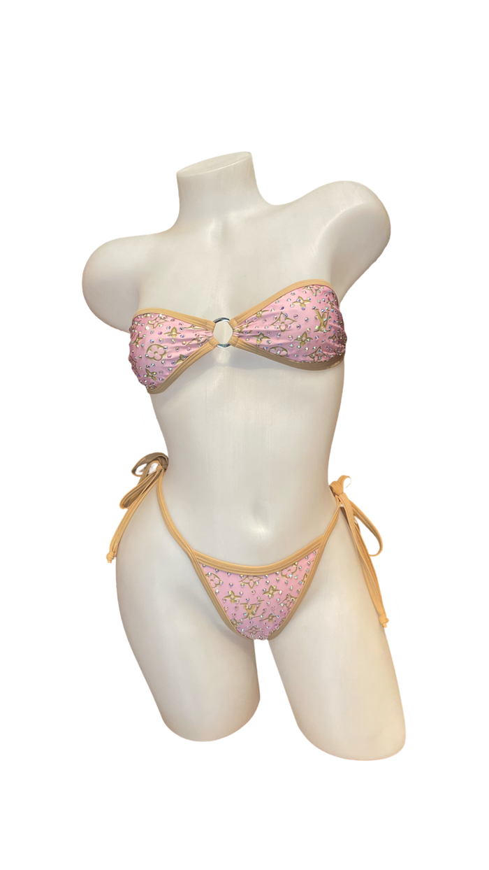 Rhinestone Tie Bandeau Bikini Pink/Nude Design