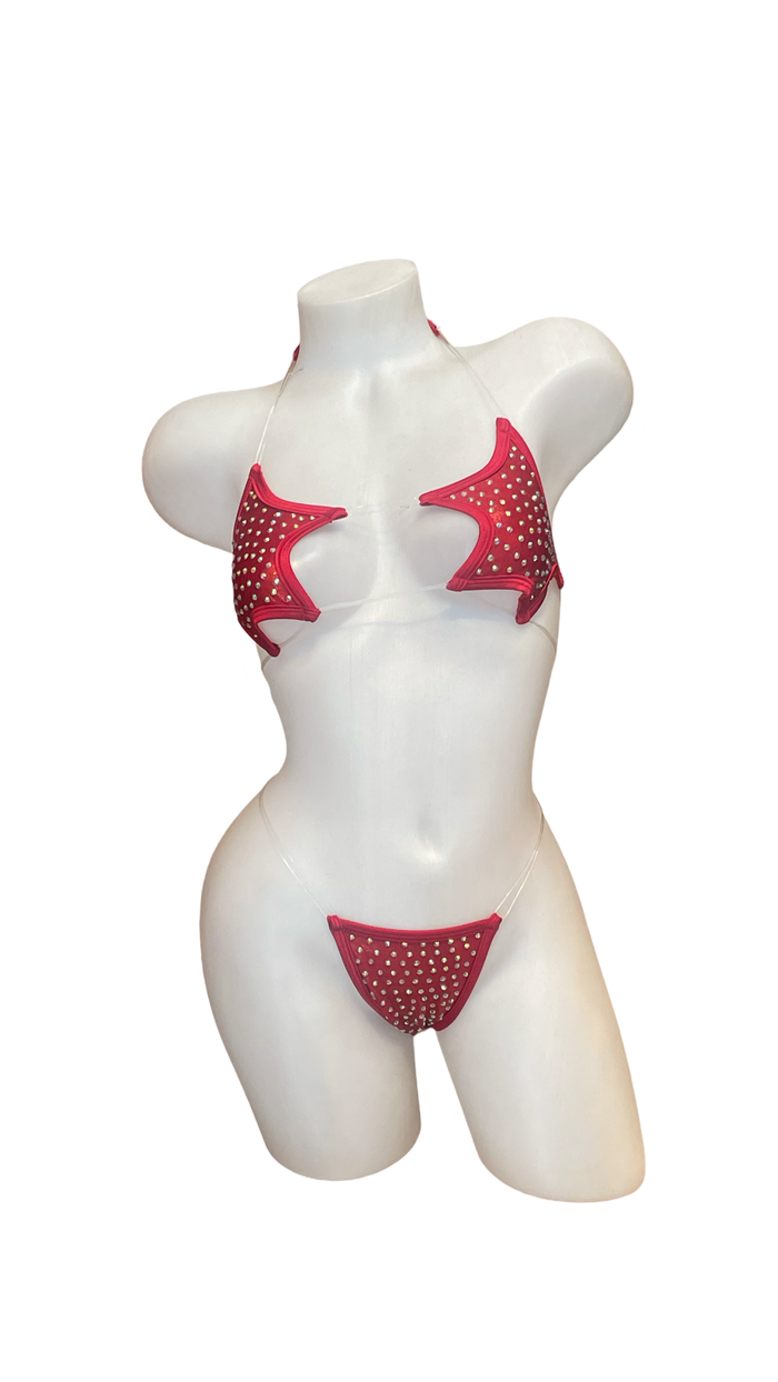 Rhinestone Star Bikini - Metallic Red