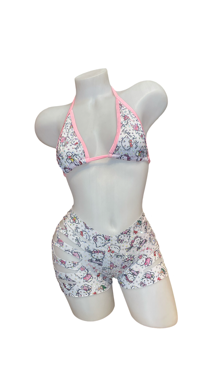 Rhinestone Triangle Top and Cut Out Short Set Hello Kitty