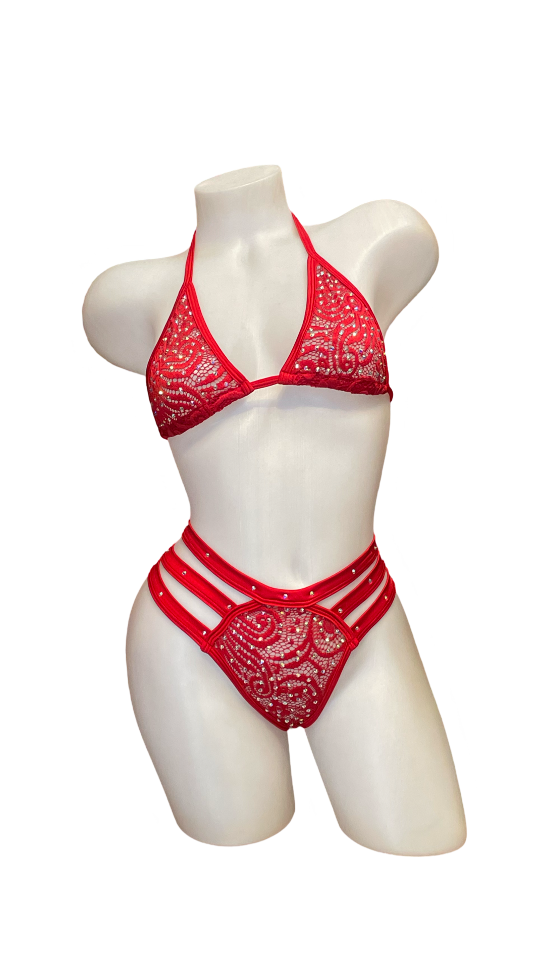 Rhinestone Triple Strap Bikini Set Red Lace