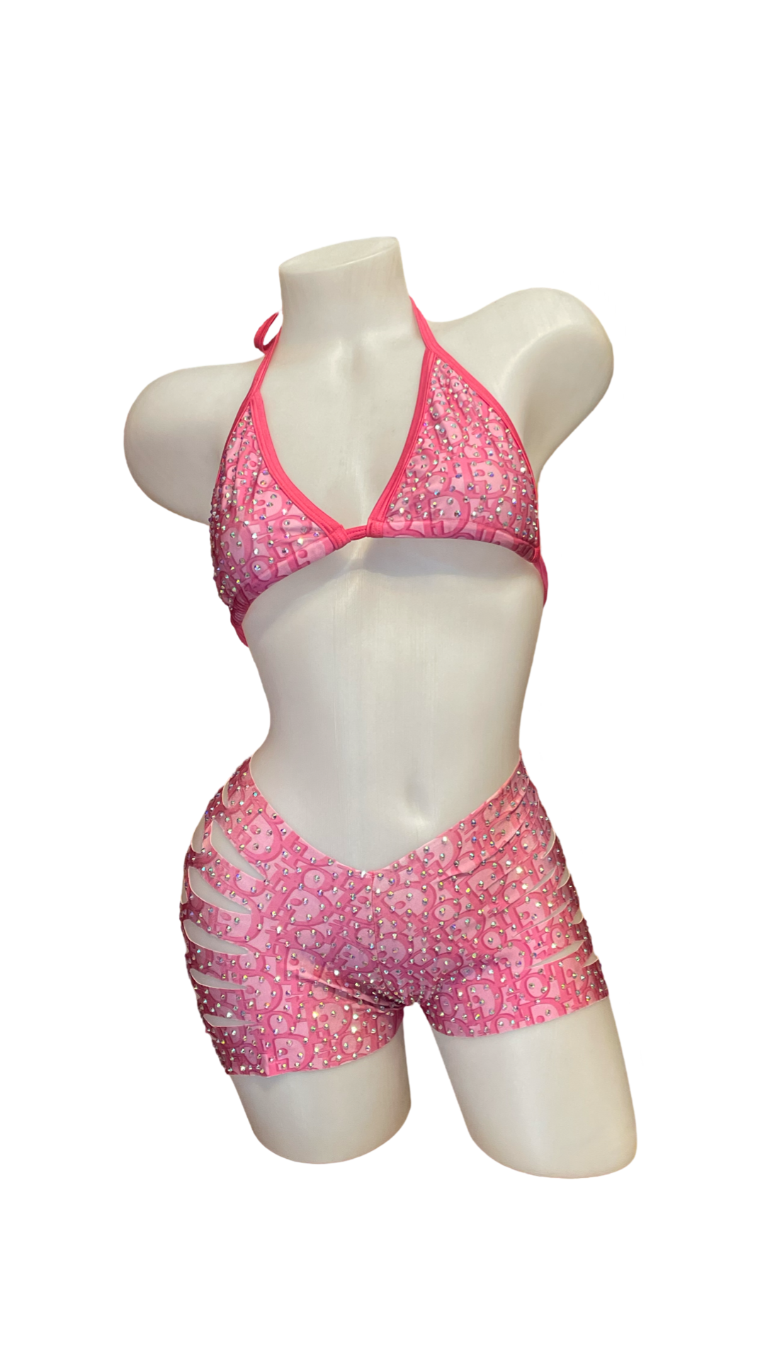 Rhinestone Triangle Top and Cut Out Short Set Design Pink