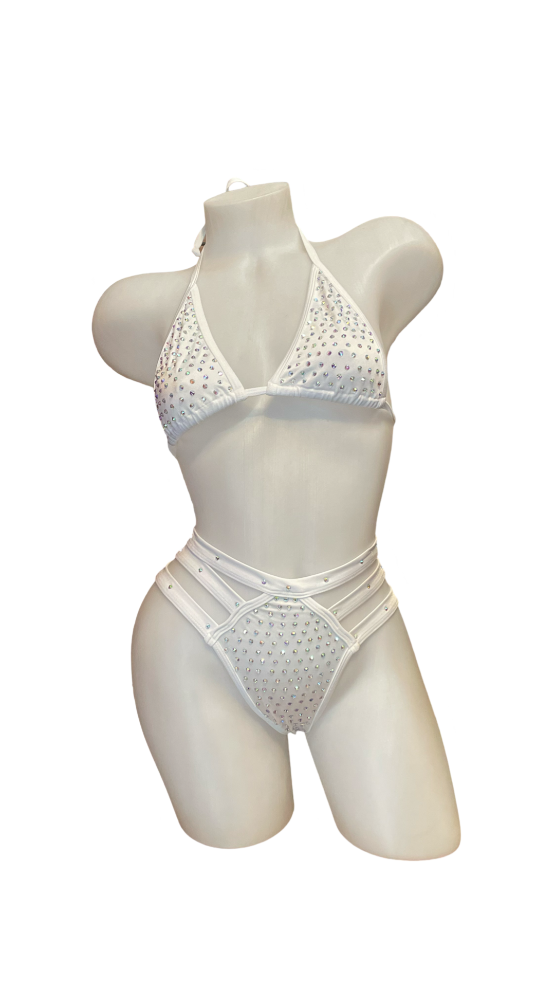 Rhinestone Triple Strap Bikini Set White