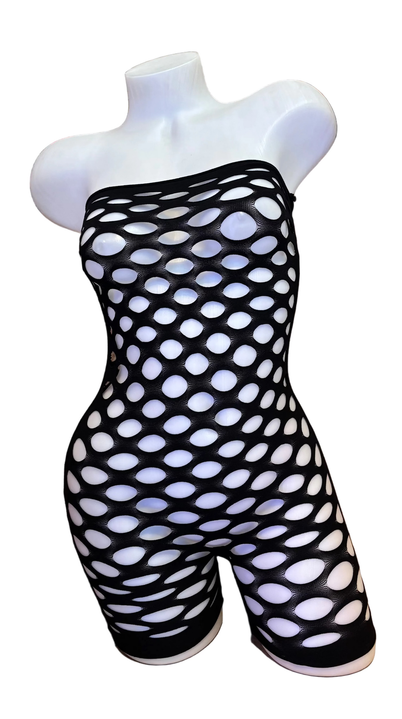 Black lingerie pothole romper by CL-BPI, featuring delicate fabric and stylish design, displayed on a mannequin.