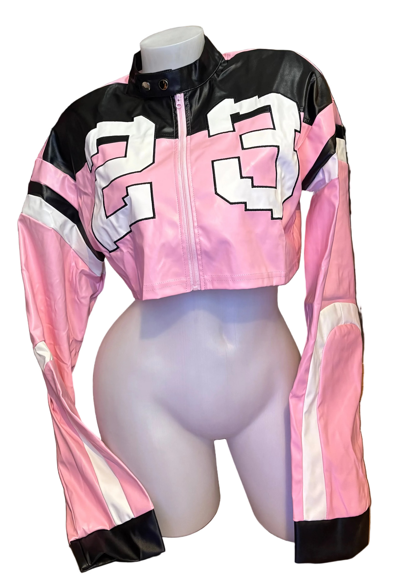 Baby pink motor jacket by Model Express Vancouver, featuring a stylish design and comfortable fit for young riders.
