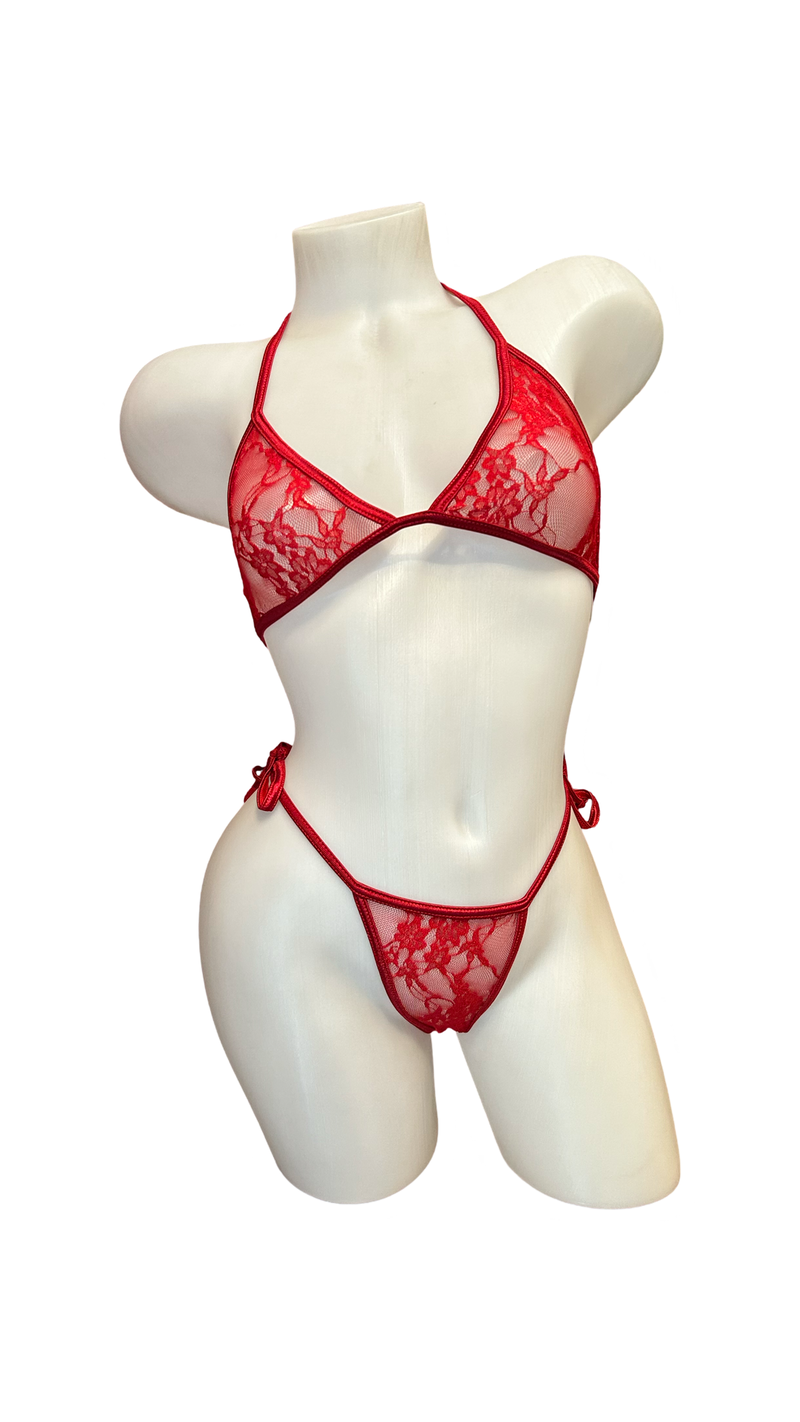 Stretch Lace Bikini Set - Red